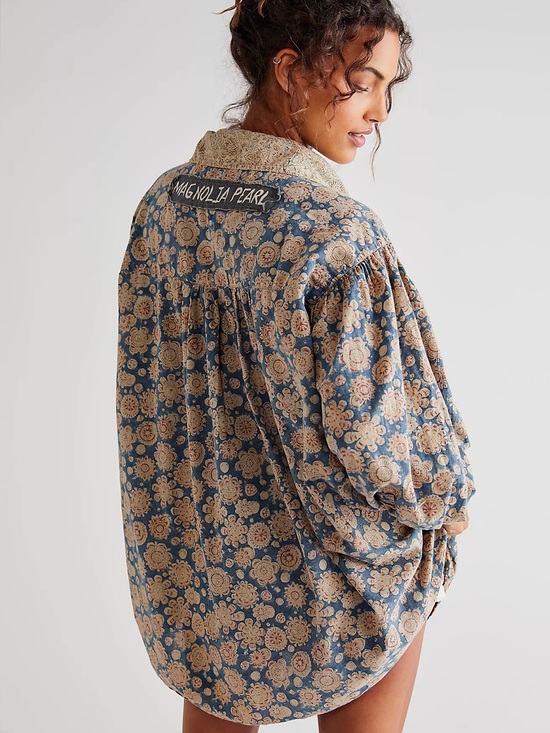 Magnolia Pearl Tops - Magnolia Pearl Block Print Tora Shirt 1114 Rourke Oversized Button Neck